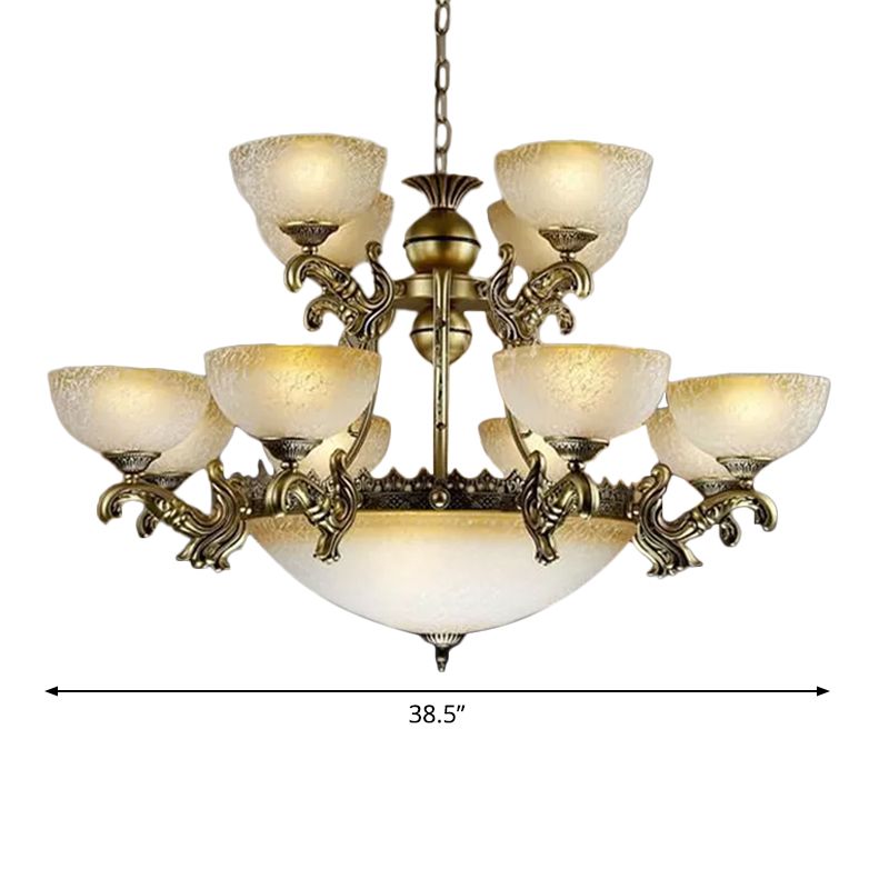 Frosted Pattered Glass Bowl Drop Lamp Rustiek 15-licht woonkamer plafond kroonluchter in brons