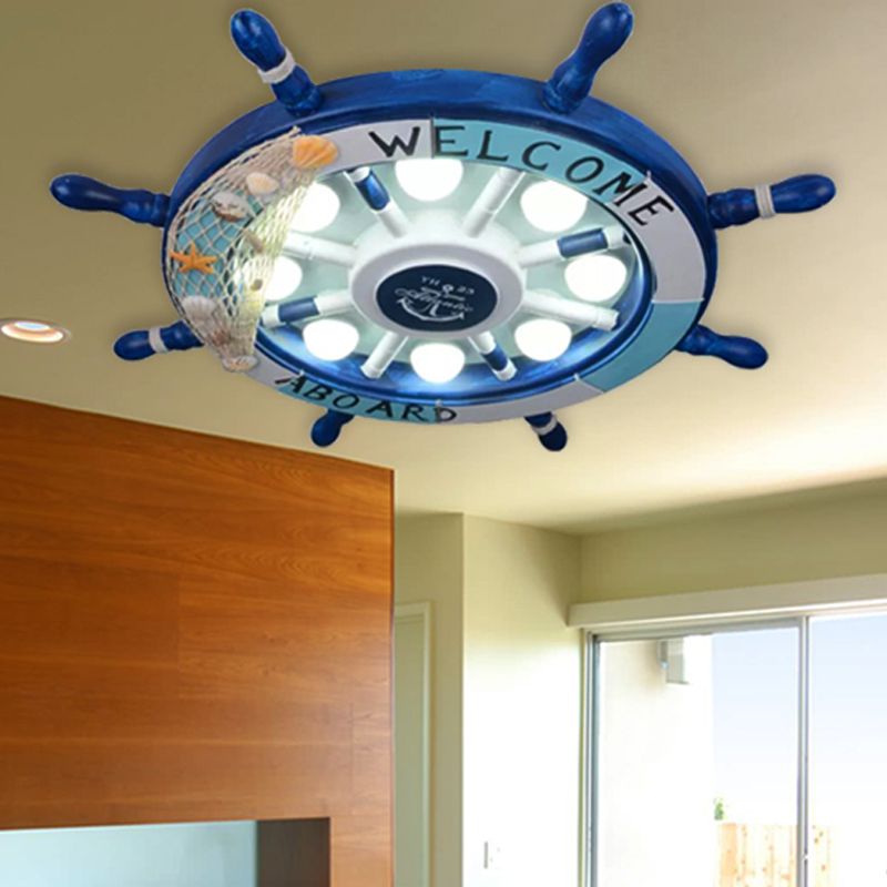 Rudder Kindergarten Ceiling Mount Light Metal 8 Lights Nautical Ceiling Lamp in Blue