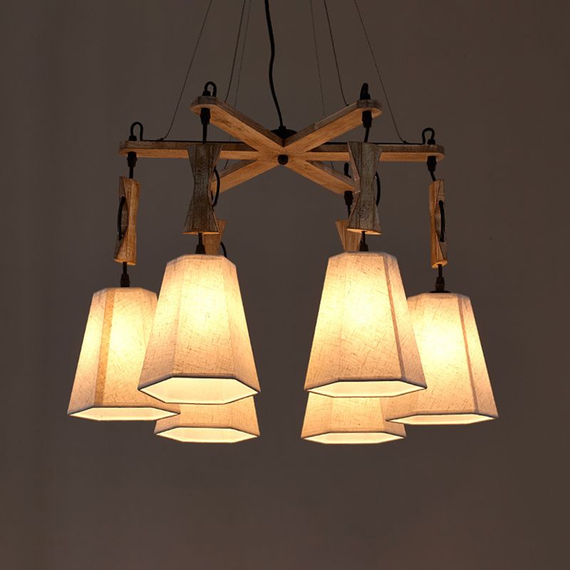 Lampadella in tessuto affusolato Luce tradizionale a 6 luci da soggiorno illuminazione a sospensione in bianco/nero/lino