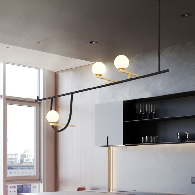 Dining Room Globe Shade Chandelier Metal Triple Light Post Modern Black Island Light