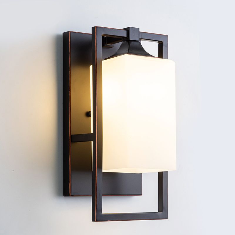 Retro Metal Wall Light Black 1 Light Wall Sconce with White Glass for Living Room