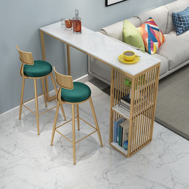 Gold Base Pub Table Faux Marble and White Bar Table with 2 Shelves