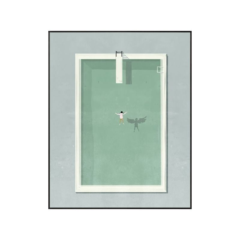 Pool and Swimmer Canvas Art Scandinavian Swimming Wall Decor in Green for Stadium