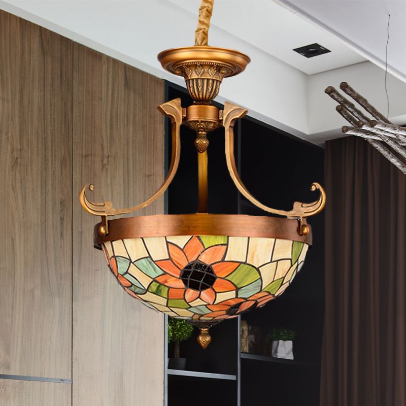 16"/18" W Flower/Leaf Chandelier Light Fixture 3 Lights Stained Glass Victorian Hanging Lamp Kit in White for Corridor