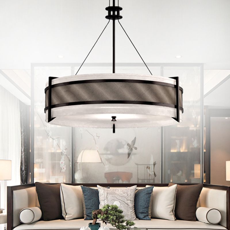 Round Fabric Chandelier Light Modernism Black LED Hanging Ceiling Light for Living Room