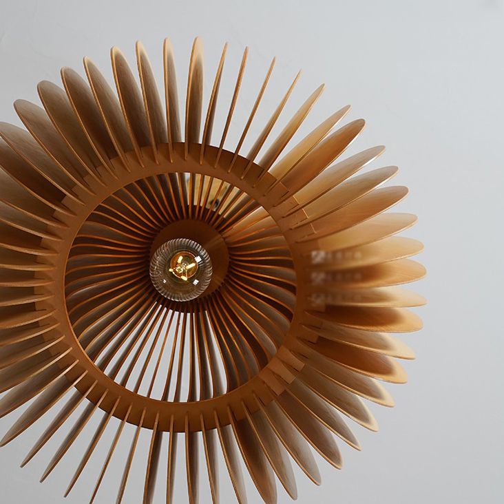 Beige Wood Slatted Hanging Light Chinese Style 1 Light  Restaurant Ceiling Pendant Lamp