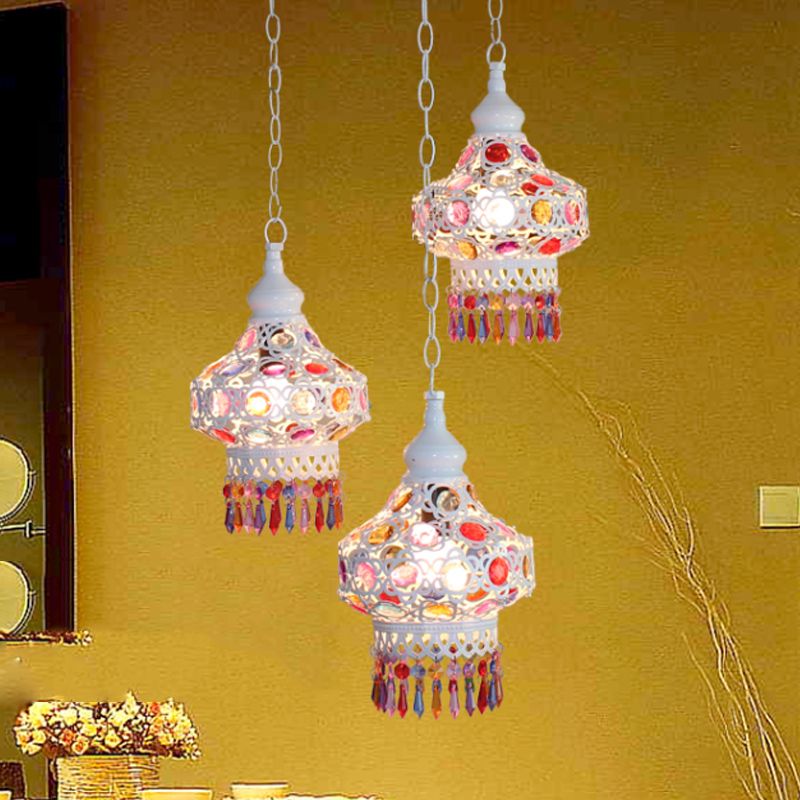 Metal Red/Blue Cluster Pendant Light Lantern 3 Heads Bohemian Ceiling Lamp with Round/Linear Canopy