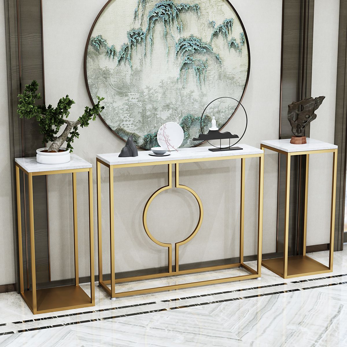 Glam Marble Console Sofa Table Gold Frame Accent Table for Hall