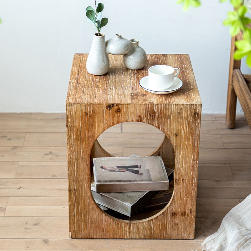 Rustic Wooden Storage End Table Square Drum Side Table in Natural