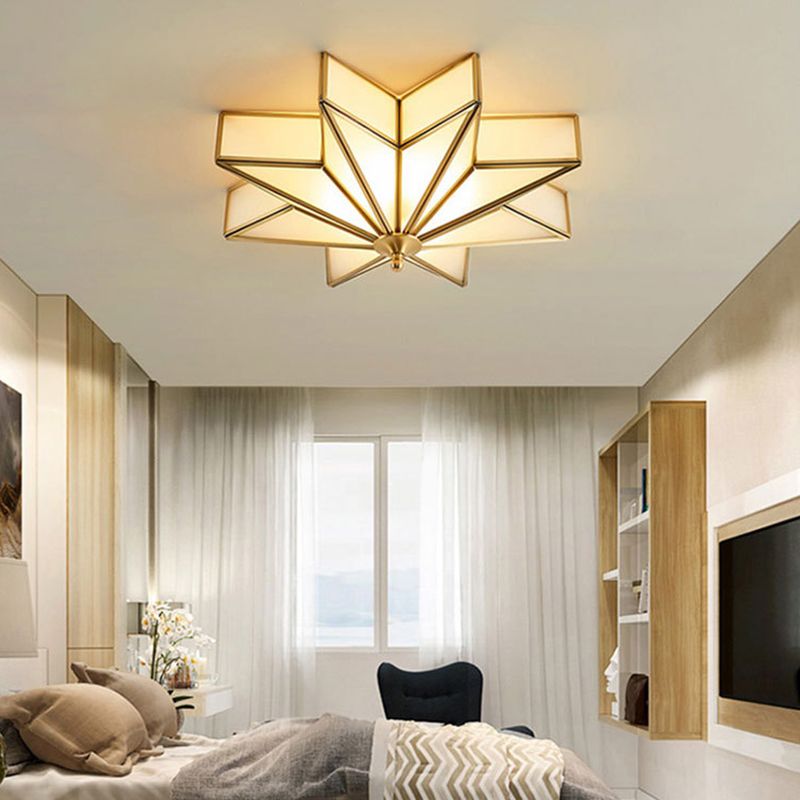 Brass Star Flush Mount Fixture Classic Beveled Frosted Glass 4-Light Living Room Flush Ceiling Light