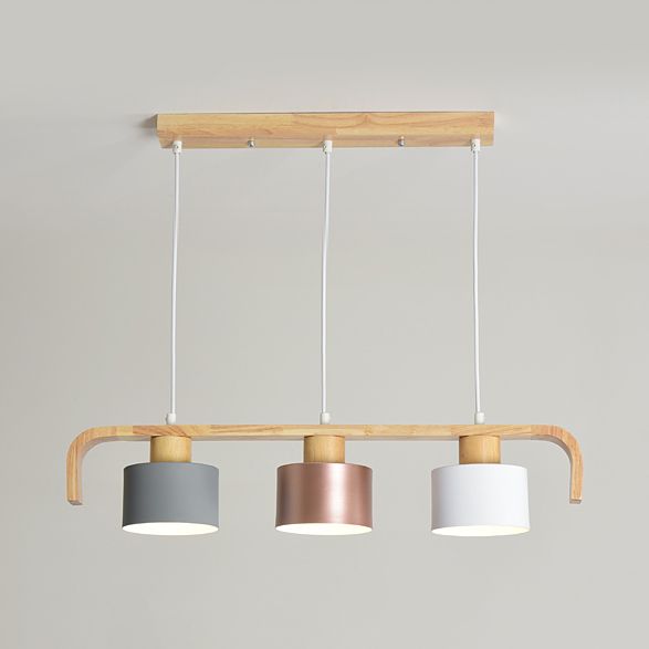 Rose Gold/Multicolored Drum Island Lighting 3/4 Head Post Modern Wood Hanging Chandelier over Dining Table