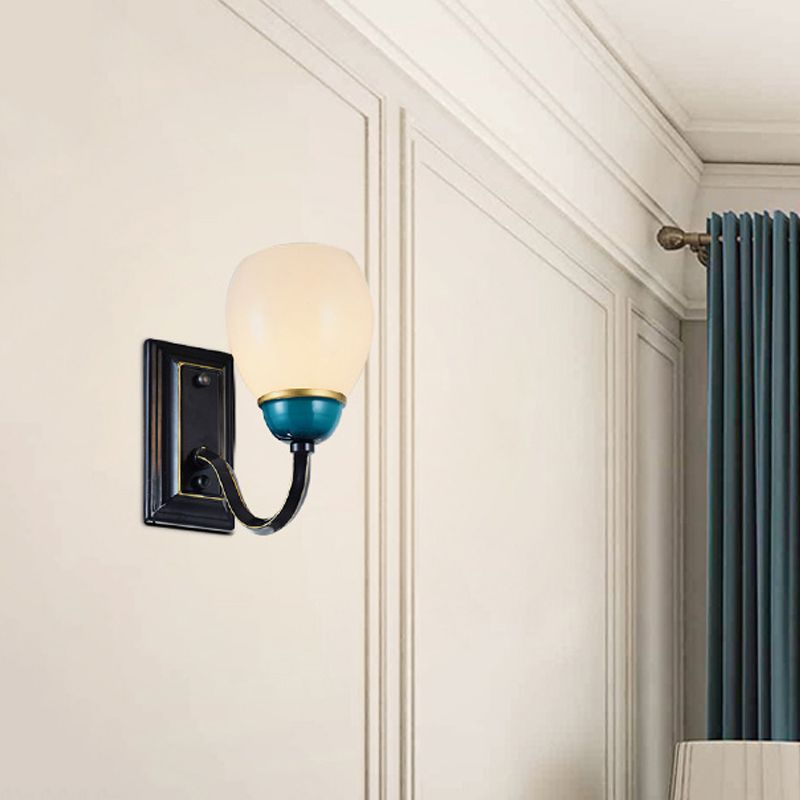 1/2-Head Globe Wall Lighting Fixture Countryside Black and Blue Opal Glass Wall Light Sconce with Curved Arm