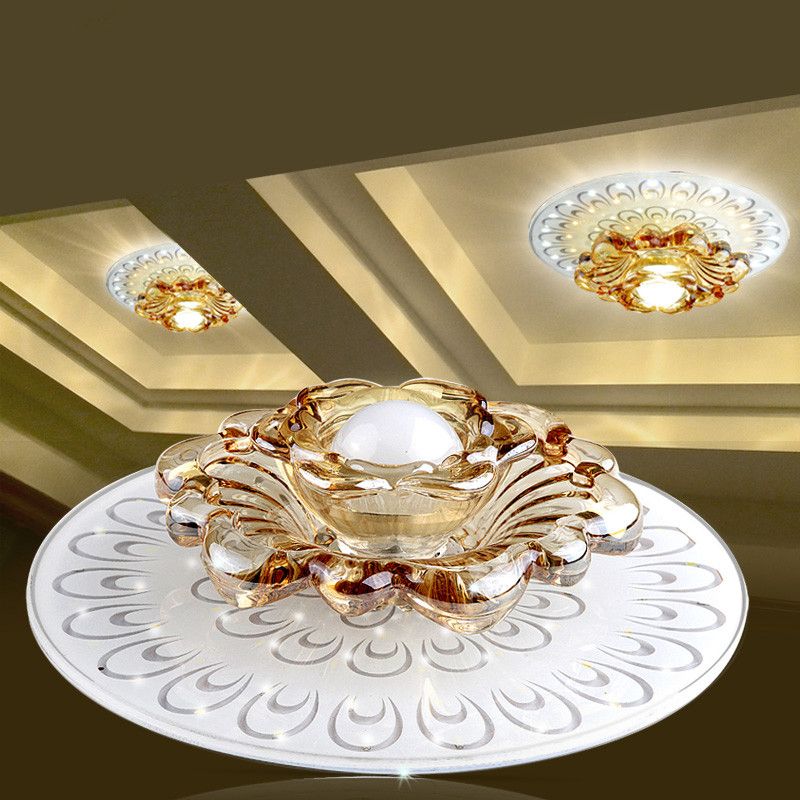 Flower LED Ceiling Mounted Fixture Modern Tan Crystal Aisle Flush Mount Light in White