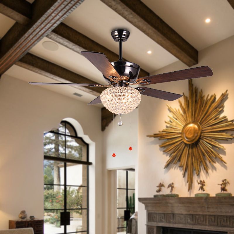 5 lames Crystal Dome Semi Flushmount Salle à manger vintage Ventilateur de plafond LED Light en marron foncé avec chaîne de traction, 52 "de large