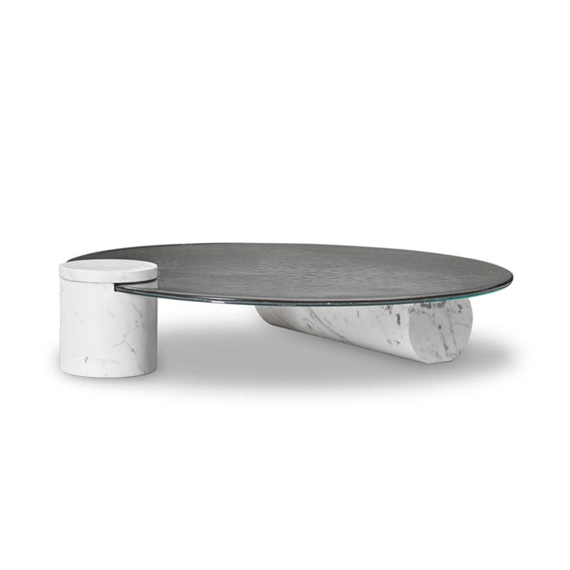 9.8"H Modern Marble Abstract Base Glass Round Coffee Table for Living Room