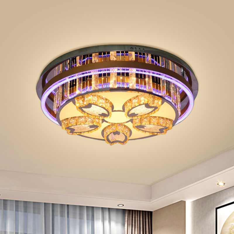 LED Circular Flush Mount Light Modern Stainless-Steel Finish Clear Crystal Blocks Ceiling Fixture
