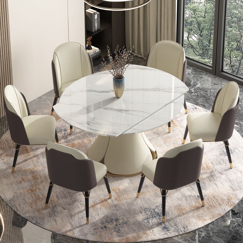 Table extensible avec plateau en pierre frittée, table ronde moderne avec socle