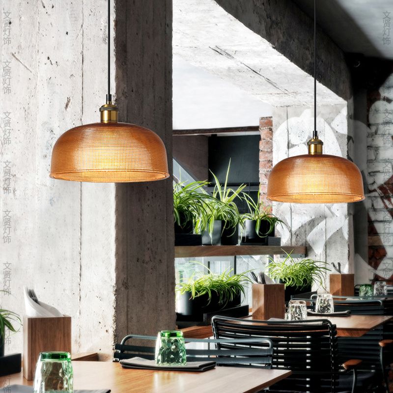 1-Light Drop Lamp Vintage Brass Glass Shaded Restaurant Suspension Pendant Light