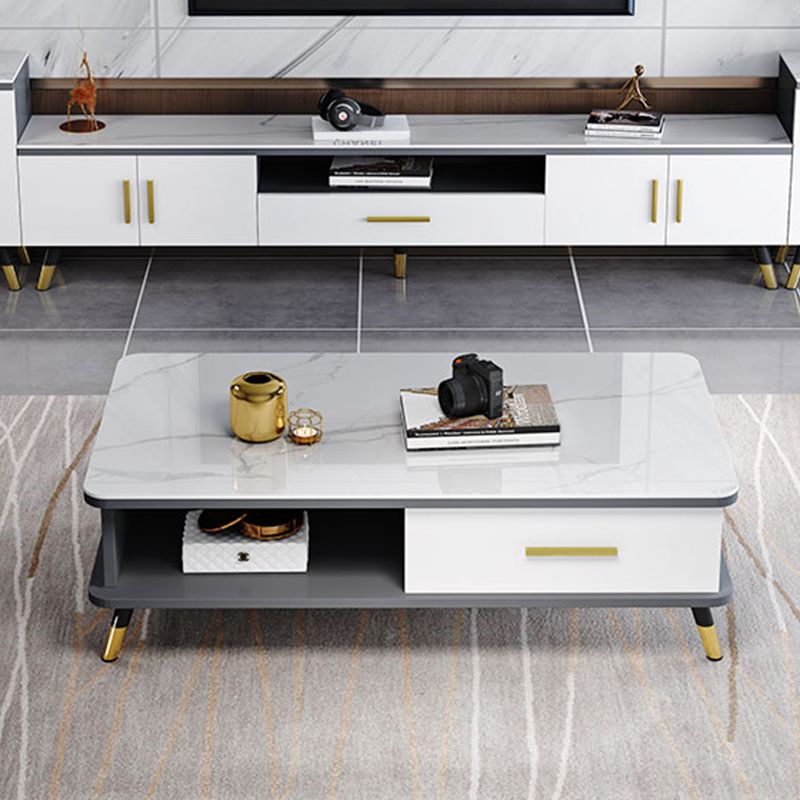 Modernism Rectangular Glass Top Coffee Table 1-Shelf 2-Drawer Cocktail Table