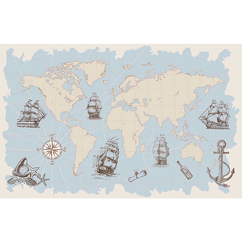 Whole Illustration Mid Century Mural for Living Room with World Map and Sailing Boat in Pastel Blue
