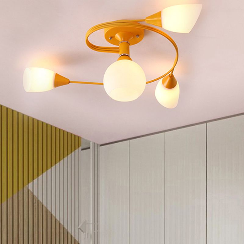 Curly Semi Flush Mount Light Nordic Fer 4/6 HEAD GREN / ROSE / JAUNE PLAFICATION AVEC BLAND D'ECVOIRE DE VERRE