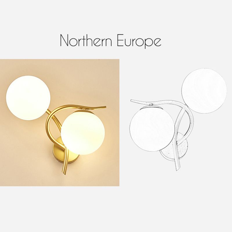 2 Heads Nordic Style Wall Mount Light Metal Arm Glass Shade Sconce Light Fixture for Bedroom