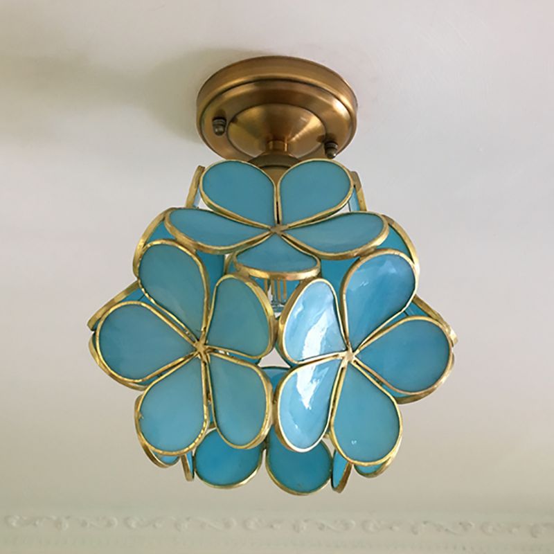 1 Light Pink/Blue/Green/Clear Floral Ceiling Light Fixture Retro Style Stained Glass Flushmount Light for Hallway