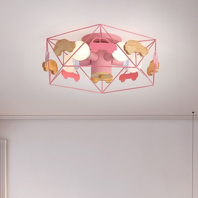 Pentagon frame semi -montage verlichting macaron metaal 5 bollen grijs/groen/roze afwerking dicht bij plafondlamp met houten auto -deco