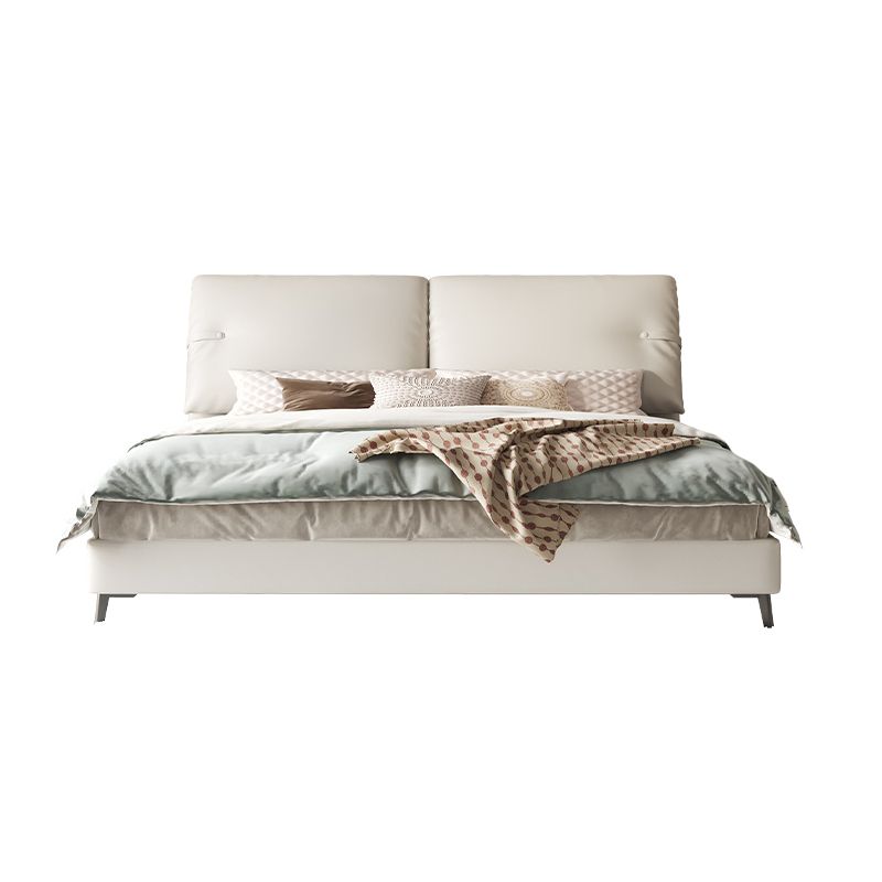 Modern Genuine Leather Bed Frame Pine Wood Panel Bed with Upholstered Headboard