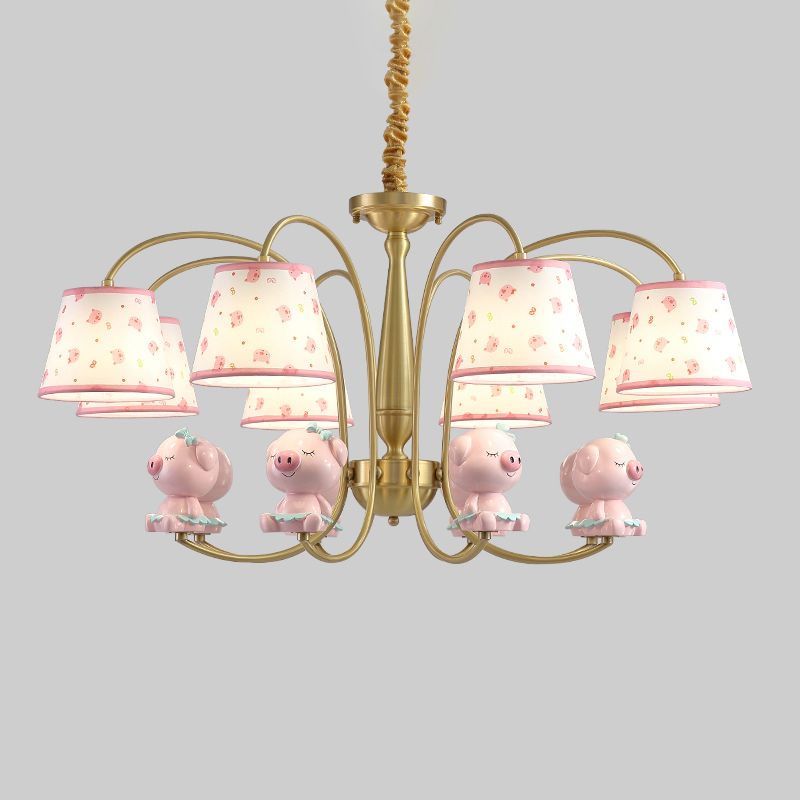Patterned Fabric Tapered Chandelier Lighting Cartoon Gold Pendant Light with Resin Animal