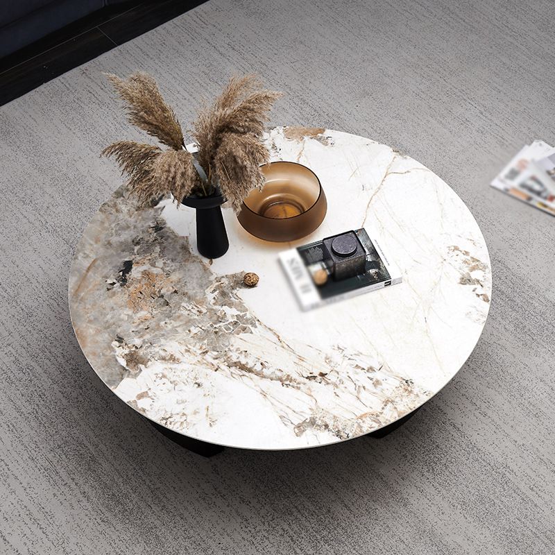 Modern Style Round Coffee Table with Iron Craft Black Base and Rock Slab White Top
