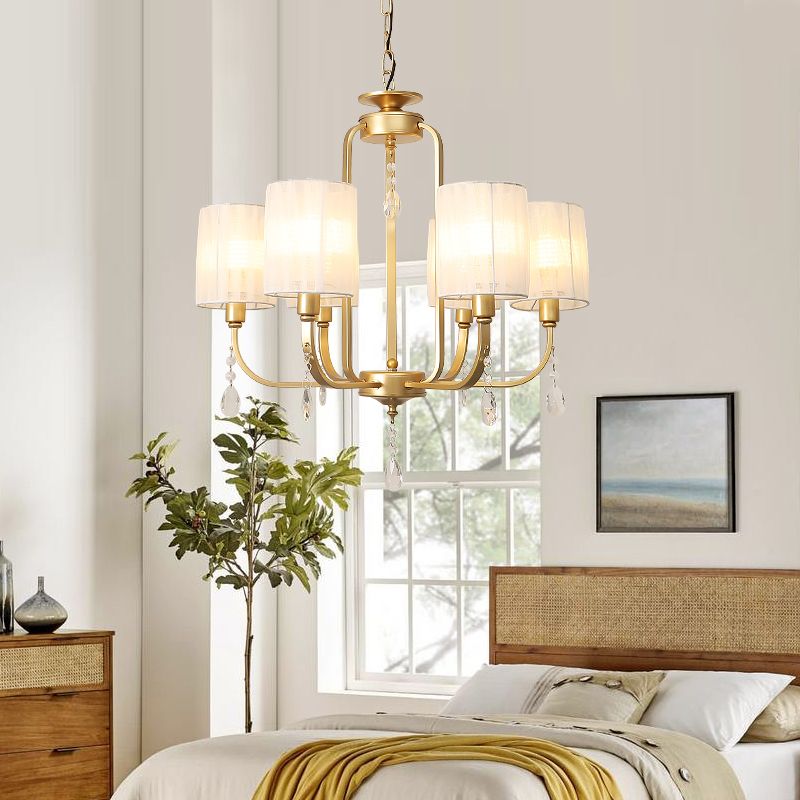 Brass 6 Heads Chandelier Lighting Country Style Fabric Cylinder Pendant Light for Living Room