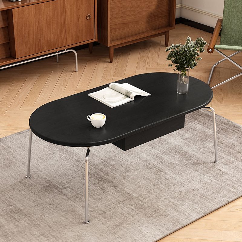 Steel 4 Legs Cocktail Table Oval Wood Top Coffee Table with Drawer