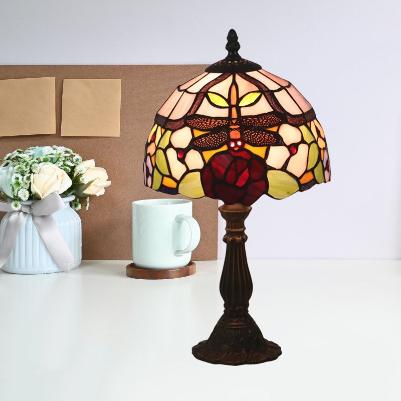 Lampada da tavolo in vetro colorato rosso/arancione con paralume a cupola, lampada da scrivania vittoriana a 1 luce con libellula e motivi floreali