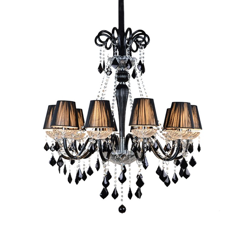 Lampe à lustre conique traditionnelle 10 bulbes de plafond tissu avec un cristal noir et un bras en verre transparent
