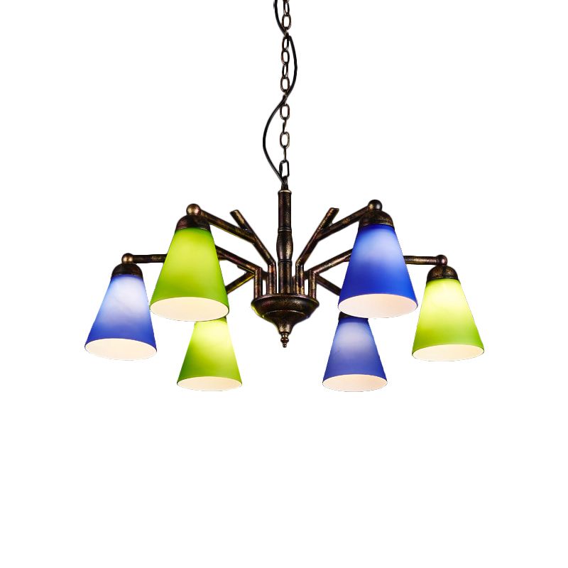 Rust Tapered Shade Chandelier 6 Lights Retro Metal Hanging Light for Restaurant