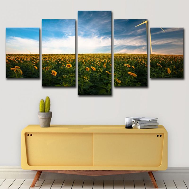 Modernist Sunflower Field Wall Art in Yellow Dining Room Wall Decor, Multi-Piece