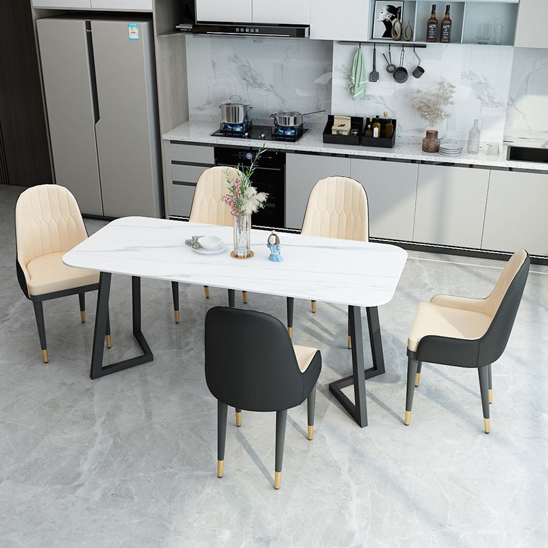 Contemporary Sintered Stone Standard Dining Set Black & White Rectangle Shape Dining Set for Kitchen