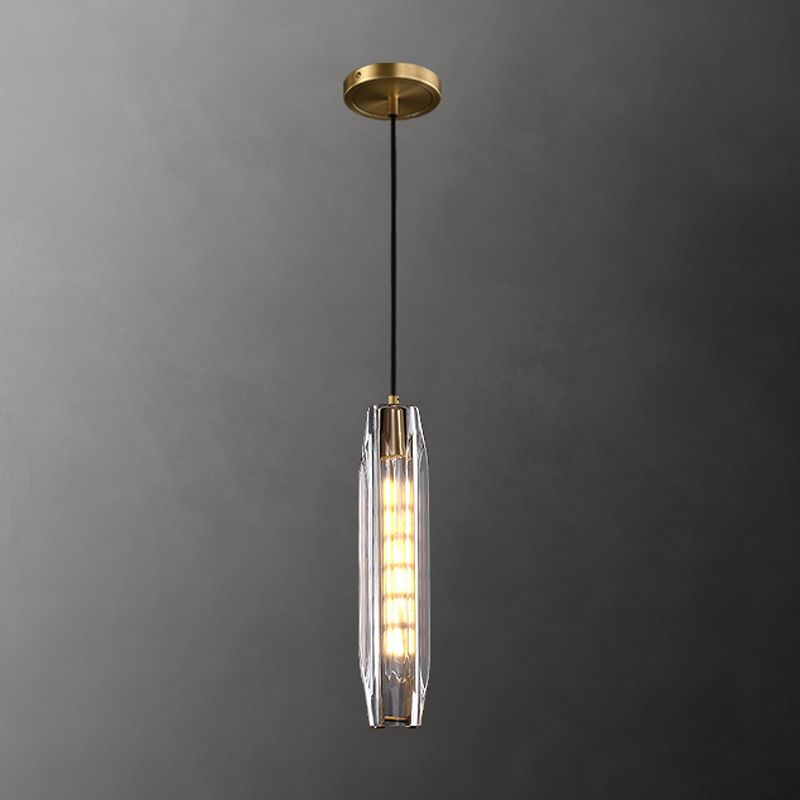 Modern Luxury Single Hanging Lamp Copper Cylindrical Pendant Light with Crystal Shade