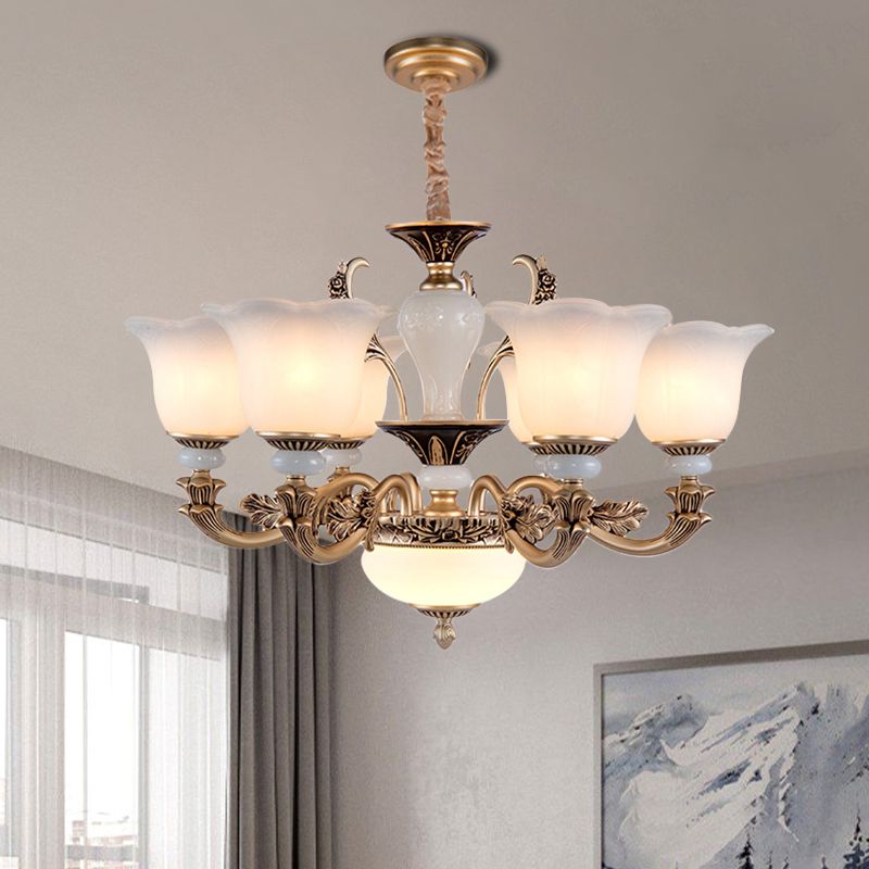 Metallic Gold Hanging Chandelier Swooping Arm 6/8/10 Heads Antiqued Style Ceiling Pendant with Floral Shade