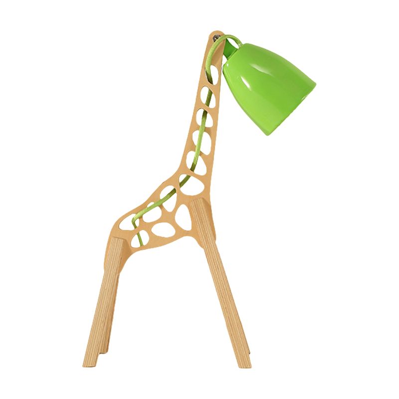 Cartoon Bell Night Light Metal 1-Light Bedroom Table Lamp in Blue/Red/Green with Standing Giraffe Wood Base