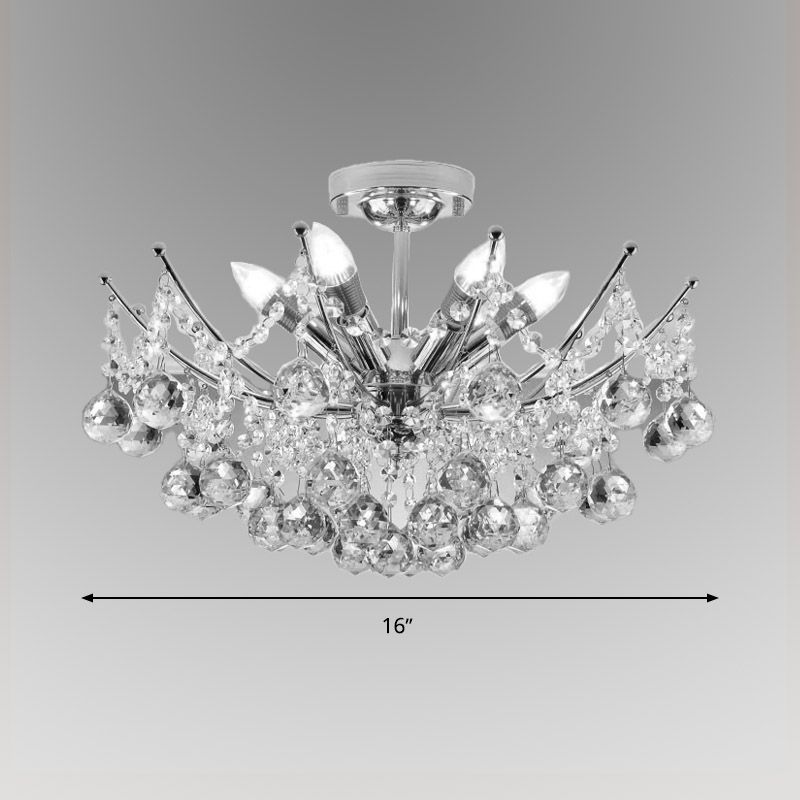 Plafonnier Cascade Boule de Cristal Postmoderne 4 Lumières Chrome/Clair/Cognac Semi-Encastré