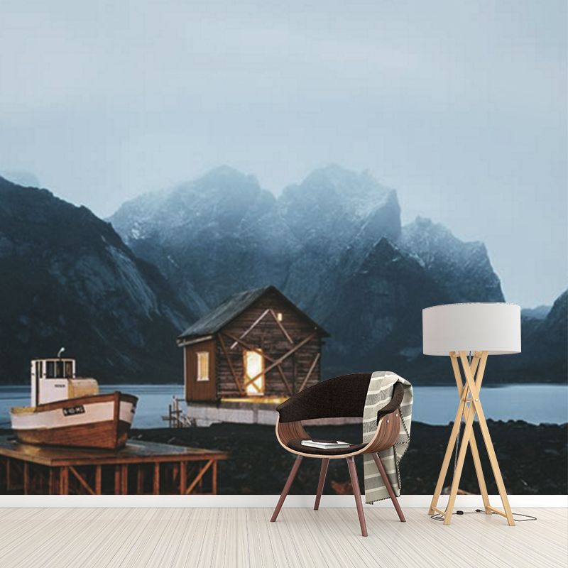 Tranquil Nightfall Scenery Mural for Bedroom Riverside Fishers Cabin by the Mountain Wall Decor, Made to Measure