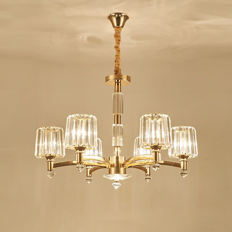 Cylindrical Living Room Chandelier Clear Crystal Modernism Hanging Light in Brass