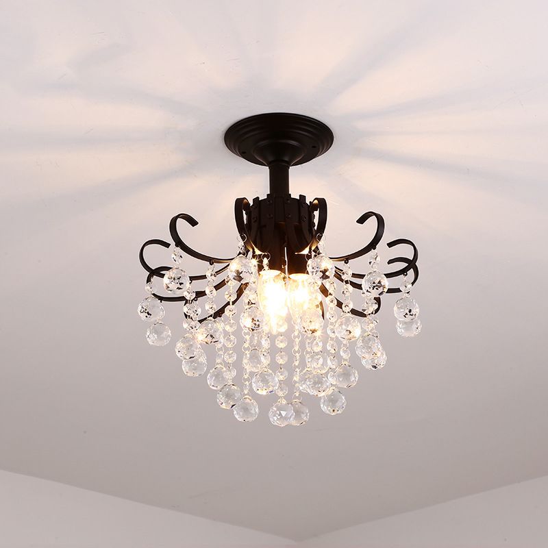 Farmhouse Bent Arm Frame Ceiling Light 3 Lights Metal Semi Flush Mount with Crystal Droplet