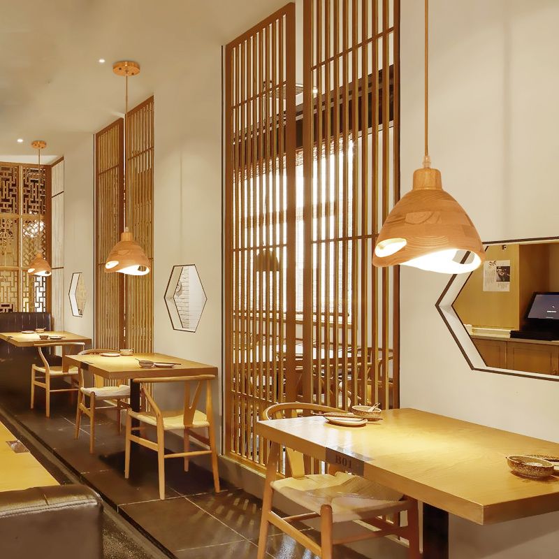 Zeitgenössischer 1 Head Pendant Lighting Beige Flared Hanging Leuchte mit Holzschatten