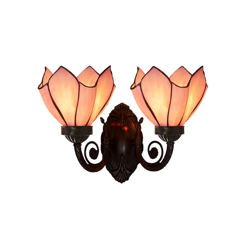 Petal Wall Sconce 2 Lights White/Pink Glass Mediterranean Wall Lighting Fixture with Swirl Arm for Living Room