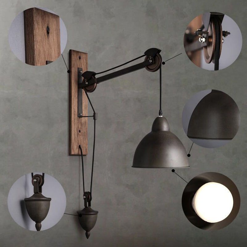 Industrial Style Bowl Shade Lesen Wandlampe 1-Licht Metall Wandleuchte mit Riemenscheibe in Schwarz