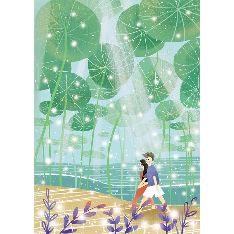 Lover Under Lotus Leaf Mural Childrens Art Smooth Wall Covering in Green, Non-Woven