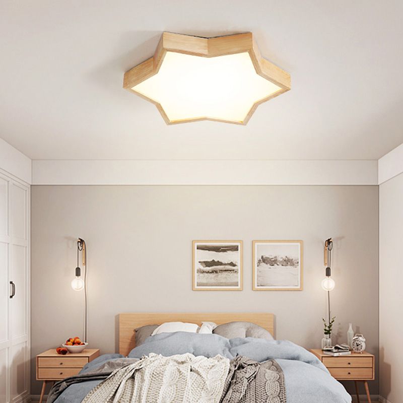 Six-Pointed Star Bedroom Flush Mount Lighting Wood Minimalist LED Flush Mount Fixture